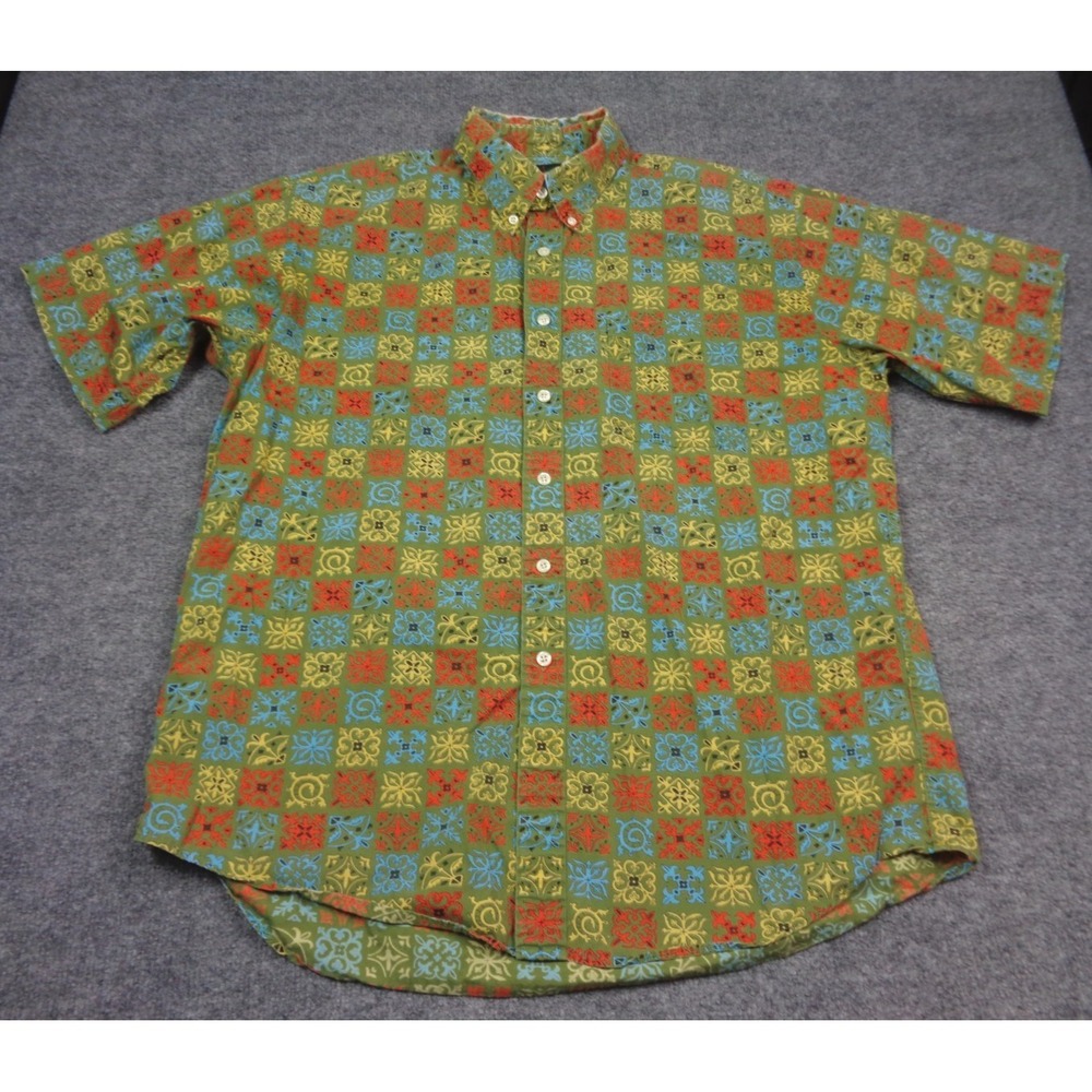 VINTAGE J Crew Shirt Mens Large Green All Over Print Button Up Oarsman 90s
